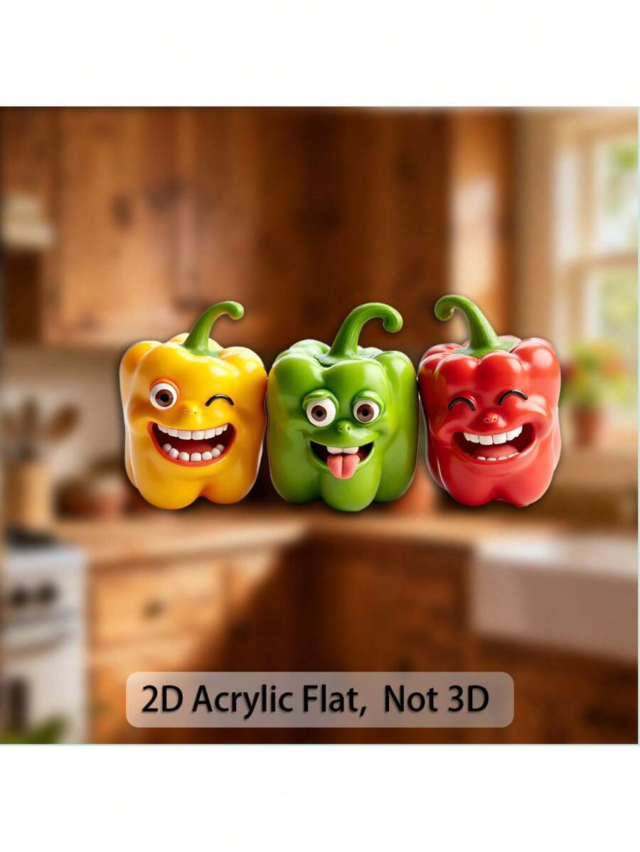 1pc 2D Flat Acrylic Cute Bell Pepper Fridge Magnet - Made Of Acrylic, Featuring Happy, Frowning And Neutral Expression Vegetable Characters, Cartoon Decoration Suitable For Children, Refrigerator And Bulletin Board - Non-Consumable, 2D Flat Design - Multicolor - View 1