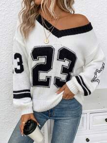Plus Size Women's V-Neck Digital Print Dropped Shoulder Lantern Long Sleeve Casual Loose Pullover Sweater For Autumn And Winter - White - View 2