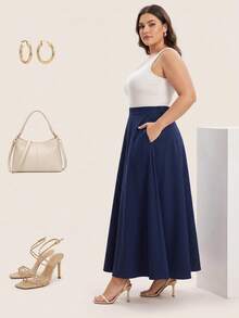 Women's Plus Size Elegant Fashion Minimalist Solid Color With Pockets Zipper Flared Hem Design Woven Fabric Casual Commute Daily Versatile Long Skirt For Autumn And Winter - Navy Blue - View 9