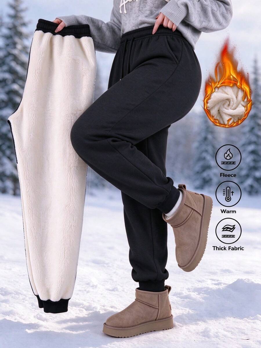 Women's Solid Color Drawstring Thermal Lined Long Pants, Thick Comfortable Cuffed Leg Pants, Suitable For Autumn/Winter Outdoor Activities And Daily Wear - Black - View 1