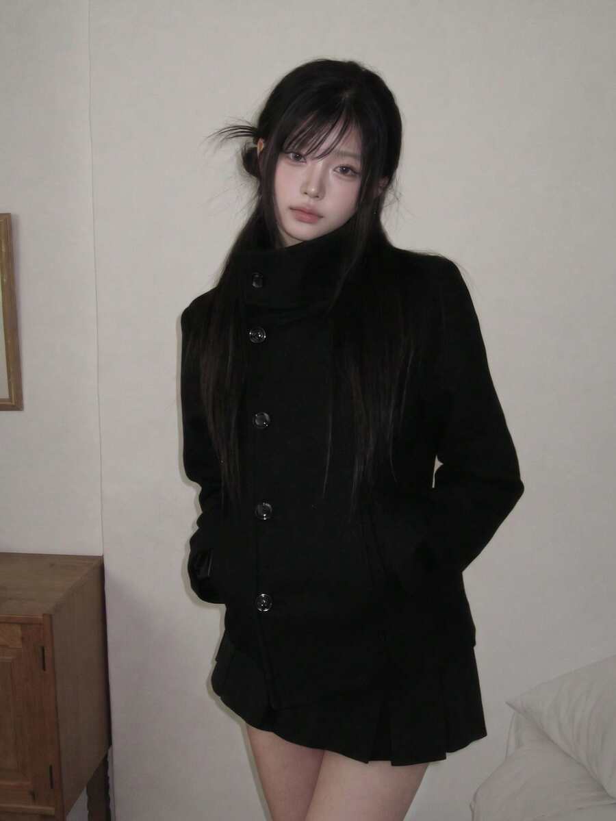 Autumn/Winter Wool Blend Warm Short Overcoat - Black - View 1