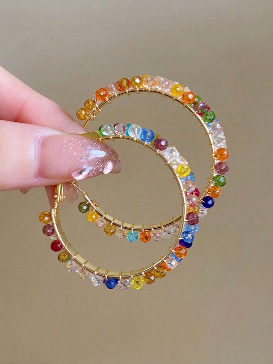 1 Pair Colorful Beaded Hoop Earrings, Dopamine Color Palette, Exaggerated Niche Design, Personalized Ear Rings Studs Earrings, Suitable For Women's Daily, Holiday, Vacation Wear - Multicolor - View 1