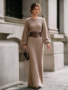 Women's Autumn/Winter Grey Brown Soft Ribbed Knit Crew Neck Lantern Sleeve Fitted Long Sweater Dress, Elegant Casual Daily Commute Layering Style - Maroon - View 2