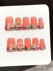 10PCS Duck/Flare Handmade Press On Nails For Party And Daily Wear,Fall And Winter Nails,Peach Base Multicolor Tiger Print, Shiny Rhinestone Bow Decor Press On Nails,Suitable For Girls And Women Festivals Parties - Watermelon Pink - View 9