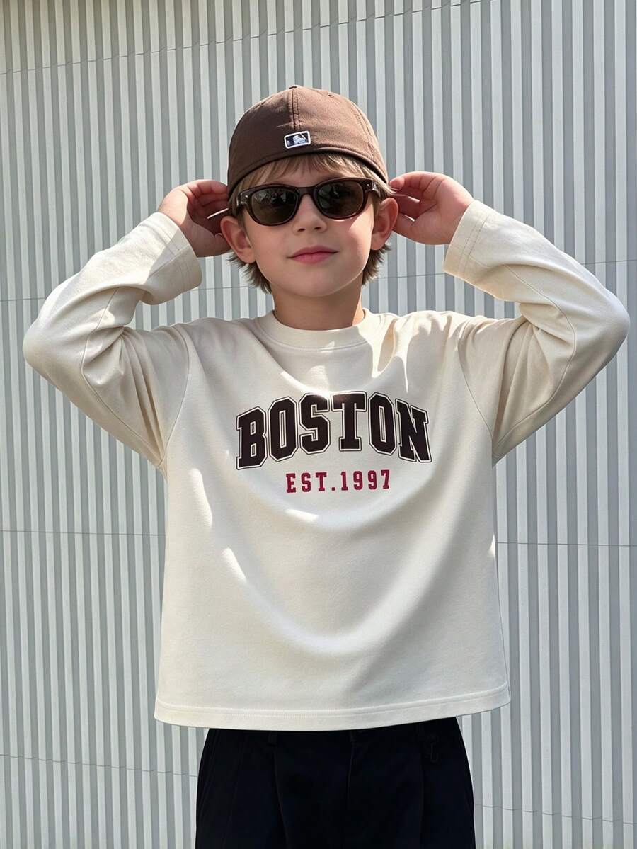 Boys Crew Neck Long Sleeve T-Shirt, Vintage Boston EST.1997 Letter Print Fall Winter Casual Top For School Daily Wear - Apricot - View 1