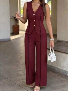 LUNNELUX Women Fall Burgundy 2 Pieces Outfits, V Neck Sleeveless Button Vest & High Waist Wide Leg Pants Set, Christmas Party Outfit - Burgundy - View 8
