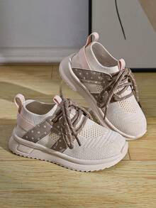 Girls' Mesh Patchwork Athletic Shoes, Elastic Sock-Like Collar Fits Ankle, Thick Sole With Cushioning Suitable For Kids Running And Jumping - Khaki - View 2