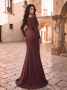 Women's Romantic Knit Fabric Long Formal Dress, Asymmetrical Neckline, Pearl Draping Decor, Mermaid Skirt - Brown - View 2