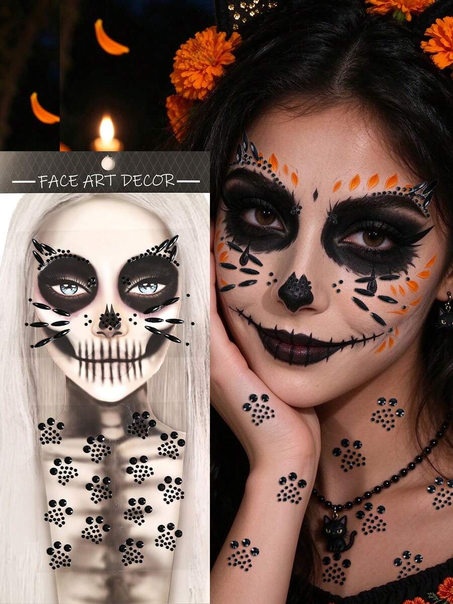 Halloween Face Gem Stickers Day Of The Dead Easter Makeup Party - 3D Face Neck Chest Decorative Rhinestone Stickers DIY Holiday Party Gift Decoration Gem Stickers 1pc/Pack - Black - View 1