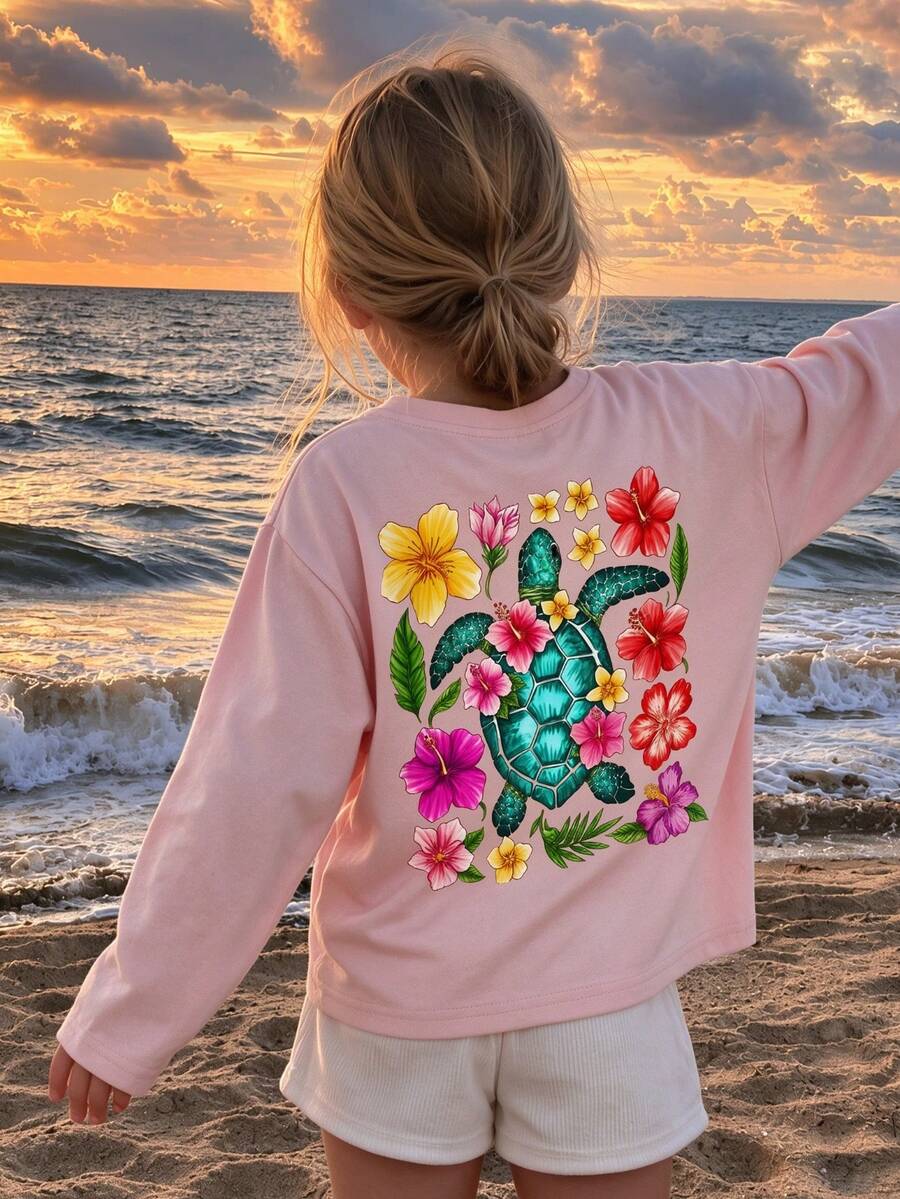 Teen Girls Long Sleeve T-Shirt, Tropical Turtle & Hibiscus Back Print, Casual Daily Top For Autumn/Winter - Pink - View 1