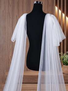 1Pair Draping Long Train Wedding Shoulder Cape, White Sheer Tulle Shoulder Drape, Rhinestone Decor Pin Fixed Bridal Accessory - Multicolor - View 5
