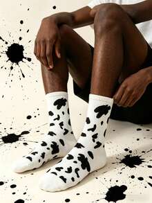 1 Pair Unisex Black & White Cow Print Mid-Calf Socks, Streetwear Casual Socks For All Seasons - Multicolor - View 5