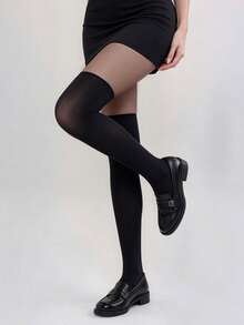 1 Pair Sheer Patchwork Pantyhose, Flattering Stretchy Fit For Fall/Winter, Classic Chic - Multicolor - View 5