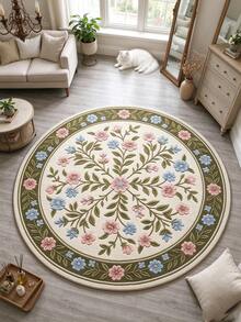 1pc Blue & Pink Floral Pattern Round Rug, Decorative Carpet, Floor Mat, Living Room Carpet, Bedroom Carpet, Door Mat, Round Carpet - Multicolor - View 3