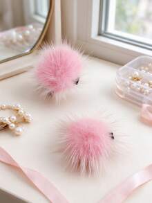 2 Packs Women 4cm Solid Color Mink Fur Pom Pom Hair Clips, Fluffy Fuzzy Ball Hair Barrettes, Daily Wear Hair Accessories - Baby Pink - View 5