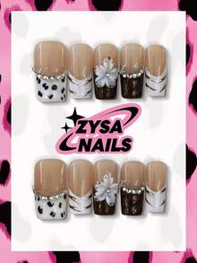 Zysa Medium Square Nails French Brown Leopard Print Handmade Press On Nails, 3D White Flower & Silver Rhinestone Chain Decor, Glossy Reusable Artificial Nails,Daily Appointment, Party & Bridal Events,Y2K Manicura,Fall Winter Nails,Short Nails Art - Multicolor - View 1