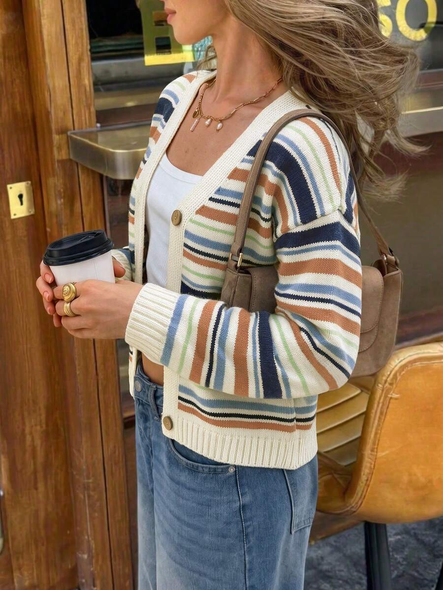 Women's Vintage Striped Knit Cardigan, Button-Up, Long Sleeve Cropped Top, Fashionable Winter Clothing - Multicolor - View 1