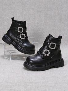 1 Pair Girls' Black High-Top Boots, Floral & Square Rhinestone Double Buckle Design, Soft Leather Upper, Non-Slip Wear-Resistant Thick Sole Side Zipper Ankle Boots, Girls' Autumn/Winter Daily Wear Work Boots - Black - View 7