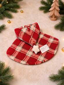 Pet Plaid Fleece Hooded Cape Set, Suitable For Small Dogs, Medium Dogs And Cats, Warm Christmas Halloween Pet Cloak, Cute Star Decorated Pet Shawl, Suitable For Holiday Parties And Daily Wear - Red - View 12