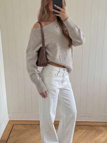 FOR BEAUTY Women's Autumn/Winter Sweater, Elegant Casual Y2K Oatmeal Beige Cold Shoulder Knit Top, Loose Fit Pullover, Dropped Shoulder, Daily Wear - Oat - View 5