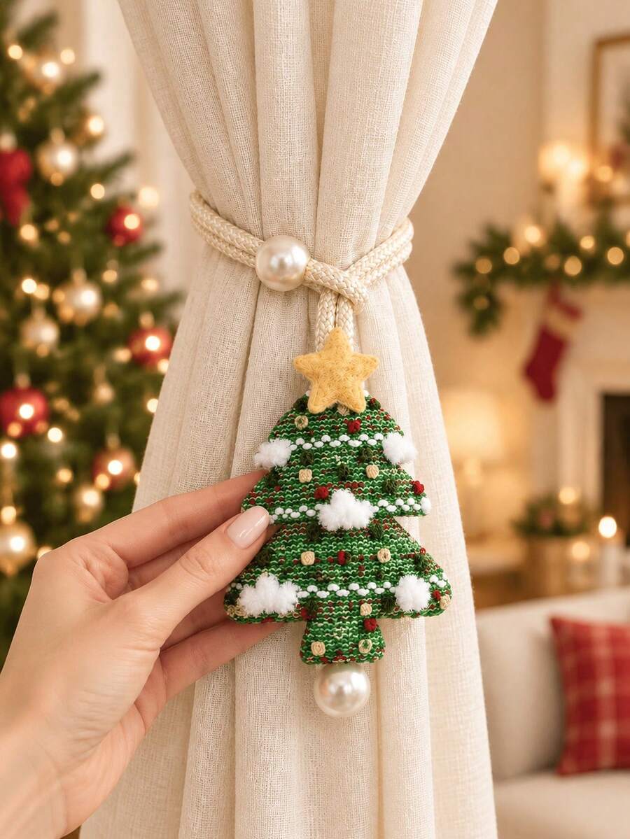1/2pcs Handmade Fabric Star Pattern Green Christmas Tree Curtain Tieback, With Rope Fixation For Sheer Curtains, Winter Christmas Holiday Window Decor, Home Decoration, Suitable For Curtain Fixing, Christmas Curtain Decoration - Multicolor - View 1