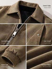 Men's Autumn/Winter Solid Color Faux Suede Baseball Jacket, Loose Fit Zip-Up Collar Jacket With Inner Pockets - Coffee Brown - View 6