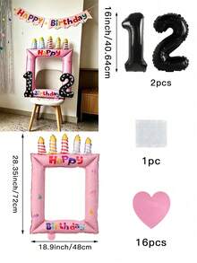 3pcs/Set, 1st Birthday Anniversary Photo Frame Foil Balloon Set, Selfie Frame, Party Photo Decoration Props, Foil Selfie Booth Props, Suitable For Birthday Party And Celebration, Birthday Party Decoration Set - Pink Photo Frame With Number Balloons and Heart Stickers - View 9