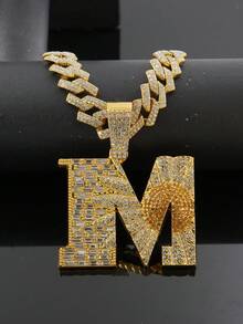 1pc Hip Hop 3D Daisy Letter M Pendant Necklace, Full Rhinestone Cuban Chain, Men's Necklace Daily Rap Performance Exaggerated Eye-Catching Accessory - M Pendant Necklace - View 7
