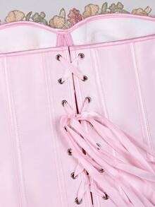 Yuwenier Pink Satin Strapless Corset Top With 3D Floral Applique Heart Neckline, Boning Waist Shaping, Wedding Party Set - Pink - View 5