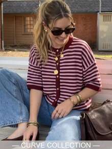 Plus-Size Women's Y2K Comfortable Burgundy Striped Elbow Sleeve Round Neck Loose Knit Cardigan Sweater Button Up Top Autumn Fashion Outfit - Red and Pink - View 3