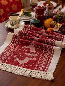 1pc Red Christmas Reindeer Theme Table Runner, Red Floral Pattern Long Fabric Decor, Suitable For Dining Table, Coffee Table, Tea Table, Console Table, Christmas New Year Party Tabletop Decoration - Red - View 10