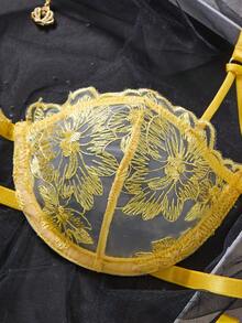 Women's Romantic Yellow Floral Embroidered Sheer Mesh Underwire Bra & Side Tie Thong Lingerie Set - Yellow - View 3