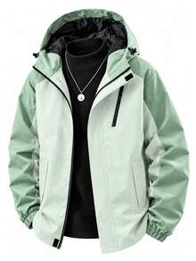 Chaqueta con capucha de bloques de color para hombre, top con cremallera y mangas raglán, adecuada para uso diario de calle en primavera/otoño, ajuste de talla grande - Verde - Ver 1