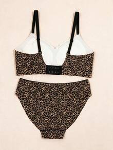 Women's Brown Leopard Print Wireless Bra And Panty Set, Classic Animal Print Vintage Fashion Style, Adjustable Spaghetti Strap, Hollow Details, Removable Pads, Soft Lingerie Set - Brown - View 6
