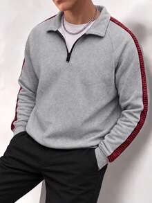 Men's Casual Half-Zip Pullover Sweatshirt, Spring/Autumn Sports Top, Everyday Outdoor Outfit - Light Grey - View 2