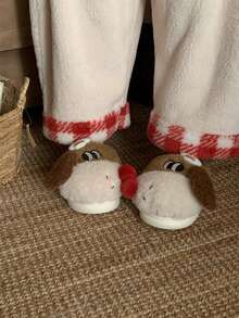 XIXITIAO Cute Puppy Thermal Slippers For Women Students, Winter Dorm Home Warm Contrast Color Plaid Plush Maternity Shoes - Brown - View 6