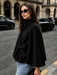 Women's Black Knit High Neck Tie Cape Coat, Elegant Regular Fit Raglan Sleeve Jacket For Autumn/Winter - Black - View 2