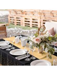 1 Set Disposable Plastic Tablecloth And Satin Table Runner Set, Black & Gold Polka Dot Tablecloth, Gold Satin Table Runner, Suitable For Wedding, Birthday, Anniversary, Christmas, New Year Party Decoration - Multicolor - View 6