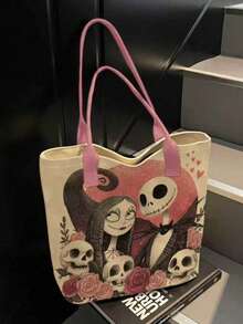 Autumn Christmas Gift Back To School Disney Cartoon Jack Print Large Capacity Canvas Tote Bag, Casual Shoulder Tote Bag, Suitable For School, Work And Daily Use - Multicolor - View 1