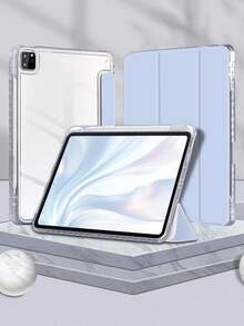1件高透明壓克力三折式淺灰藍平板保護殼，適用於iPad Mini6/Mini7/10.2/10.5/10.9 (Air4-Air8)/Pro 11/10th Gen/A16/Pro 11 2024機型，全透明壓克力背殼，三折支架，自動休眠/喚醒，內置筆槽，不含筆，部分機型附相機框 - 淺灰藍 - 查看 2