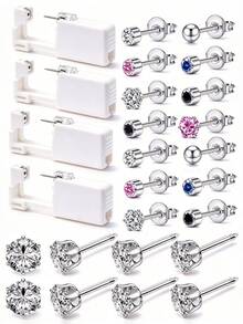 5-17pcs Disposable Ear Piercing Gun Kit With 5mm Silver Crown Zirconia ...