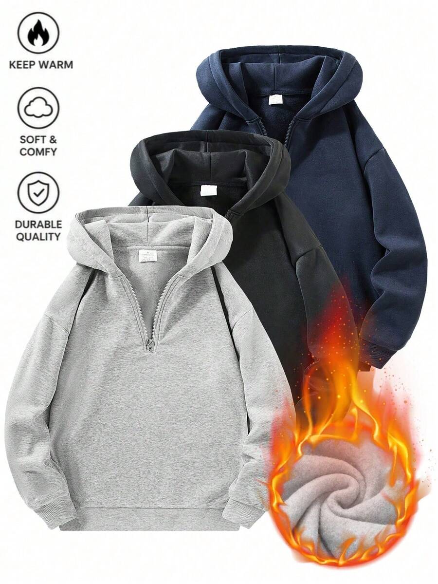 Men's Solid Color Half-Zip Quarter-Zip Hooded Sweatshirt, Suitable For Autumn/Winter, Casual Zip-Up Sweatshirt, Loose Fit Sports Sweatshirt, 2026 Autumn/Winter Commuter Top, Back To School