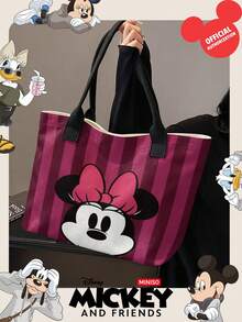 Miniso Tas Tote Kanvas Disney Minnie Mouse dengan Motif Garis Vertikal Merah Marun, Tas Bahu dengan Pegangan Hitam untuk Penggunaan Sehari-hari - Hitam - View 4