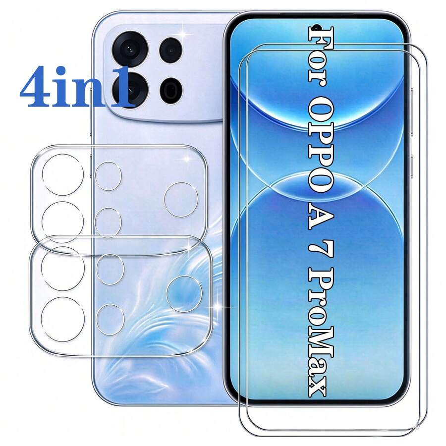 مجموعة 2+2 قطعة من واقي الشاشة الزجاجي المقسى متوافق مع OPPO A7 Pro Max / A7 Pro 5G بصلابة 9H، فيلم واقي عالي الشفافية، مقاوم للخدش، خالي من الفقاعات، فيلم زجاجي مقسى عالي الدقة، واقي شاشة هاتف شفاف، واقي عدسة عالي الدقة، وسادة واقية، بطانية واقي