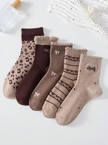 5 đôi tất nữ cao cổ, bảng màu nâu vintage Maillard, họa tiết da báo nơ thắt, viền ren, tất dài đơn giản và thoải mái, phù hợp mặc mùa xuân, thu và đông - Nhiều màu - Xem 8