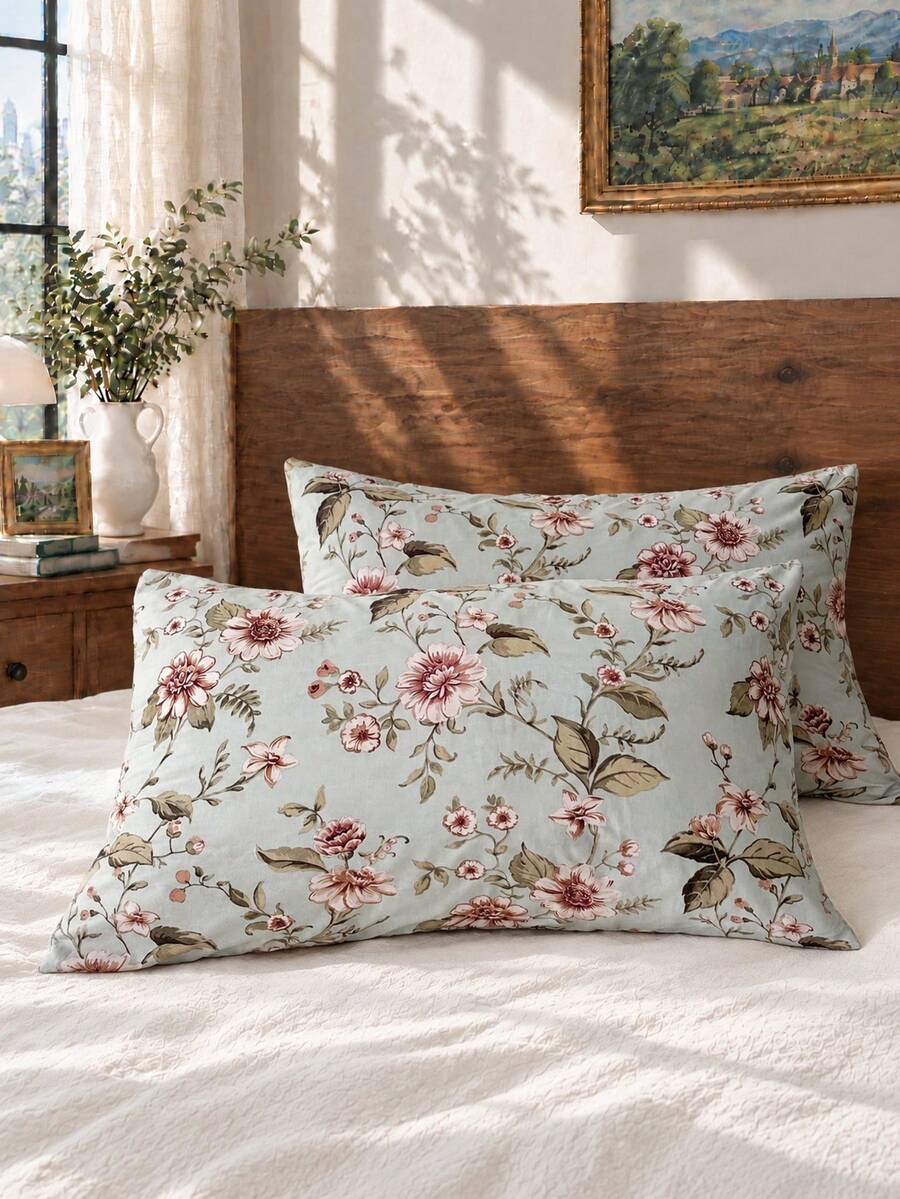 1 pieza Funda de almohada tipo sobre de 100% poliéster con diseño floral, sin relleno