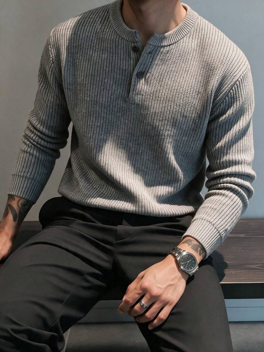 Men's Light Gray Vertical Ribbed Henley Collar Polo Shirt, Long Sleeve Casual Comfortable Top - Grey - View 1