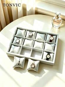 TONVIC 1pc 12-Slot Velvet Jewelry Storage Tray With Removable Pillow, Watch Storage Jewelry Tray, Bracelet Bangle Watch Display Stand, Valentine's Day Gift - Grey - View 9