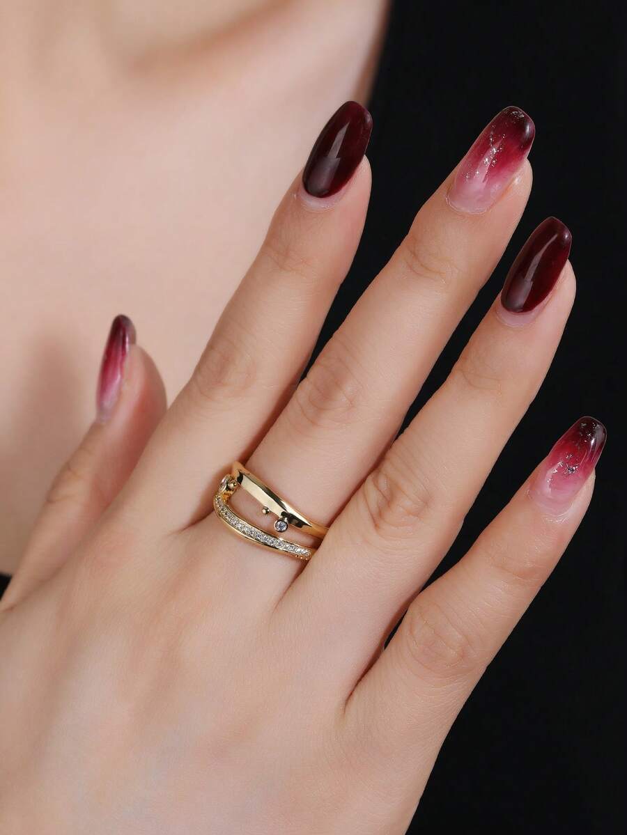 1pc Minimalist Luxury Geometric Double-Layer Wrapped Zirconia Brass Ring, Suitable For Women's Daily Commute, Date And Party Wear - SJZ-092 - View 1