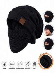 Unisex Winter Fleece-Lined Cold-Weather Mask & Hat Set – Features An Elastic Drawstring Closure; Lightweight And Warm; Suitable For Cycling, Skiing, And Outdoor Sports. Solid-Color Pullover Hat And Mask Combo With Windproof Ear Protection. - Multicolor - View 15